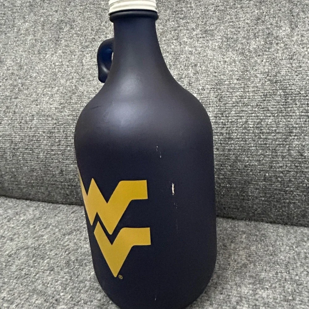 West Virginia Mountaineers WVU Matte Navy Blue Glass Growler Jug 64oz 11in